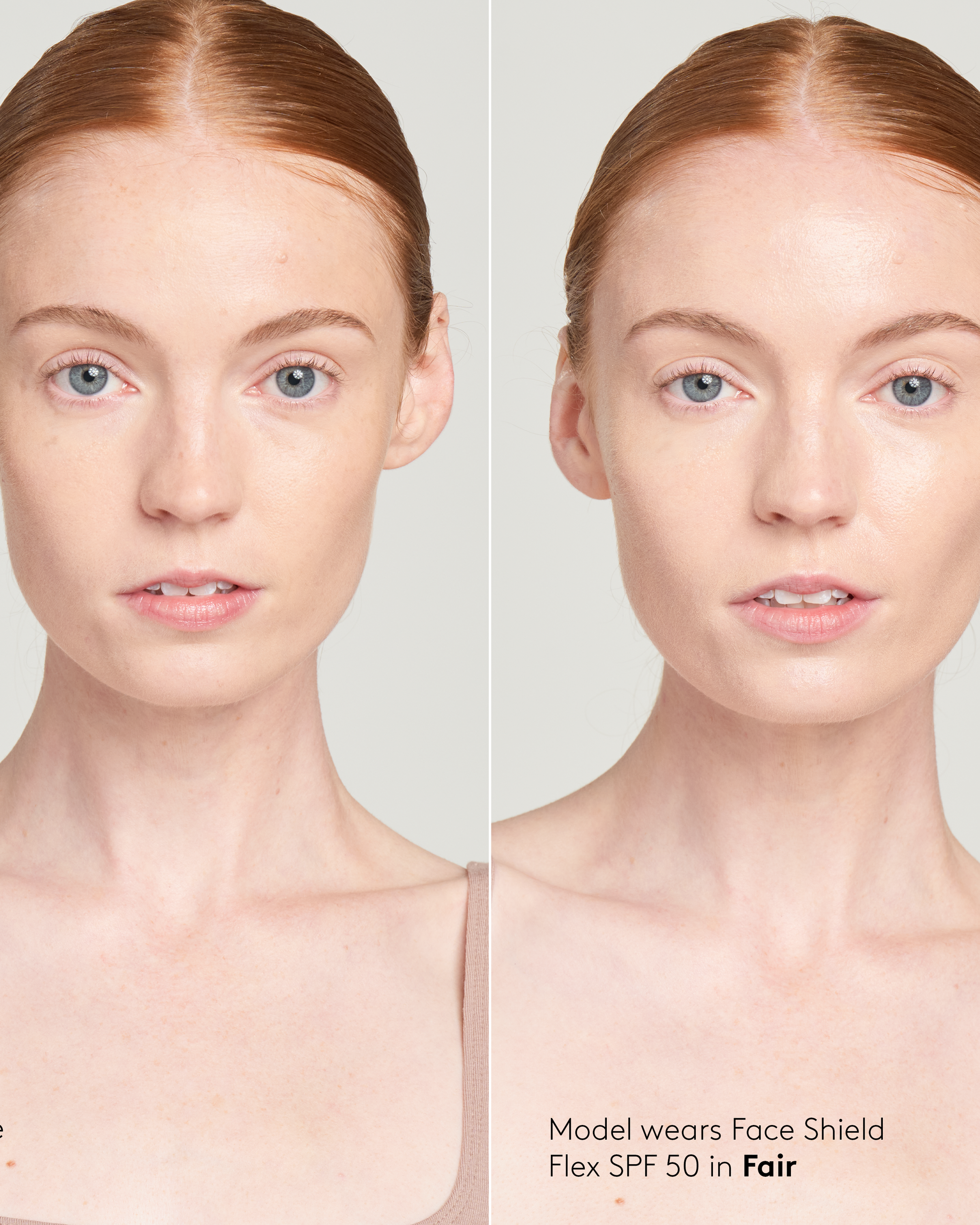 Femme rousse à la peau claire avant et après Face Shield Flex FPS 50 de Colorescience, teinte Fair