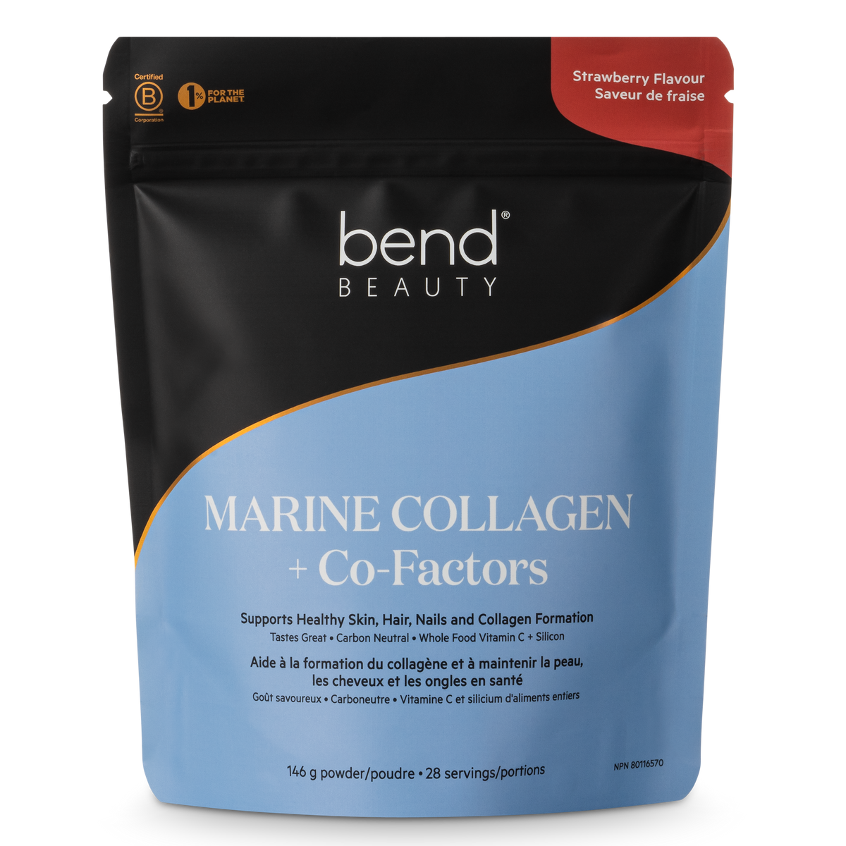 Black and blue resealable Bend Beauty Marine Collagen + Co-Factors pouch, strawberry flavour, 146 g, on a white background