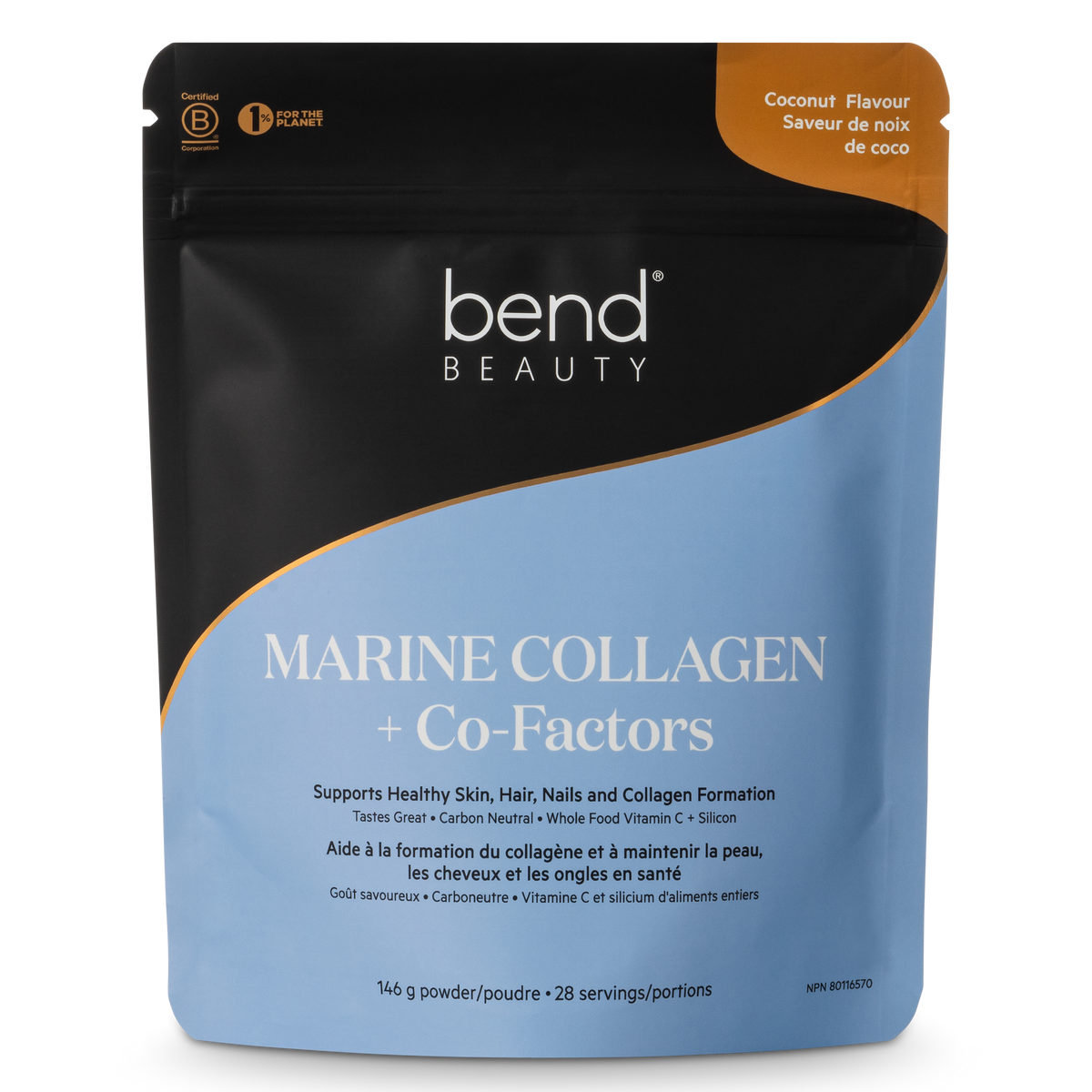 Black and blue resealable Bend Beauty Marine Collagen + Co-Factors pouch, coconut flavour, 146 g, on a white background