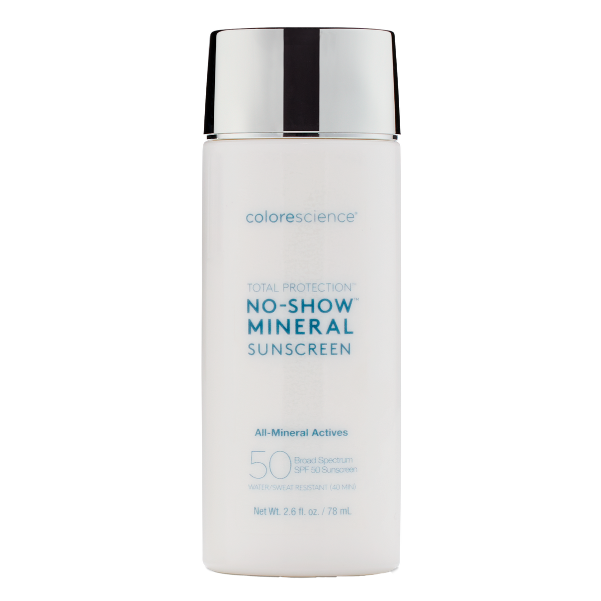 Flacon blanc à bouchon argenté Colorescience Total Protection No-Show Mineral Sunscreen FPS 50, 78 mL, sur fond blanc
