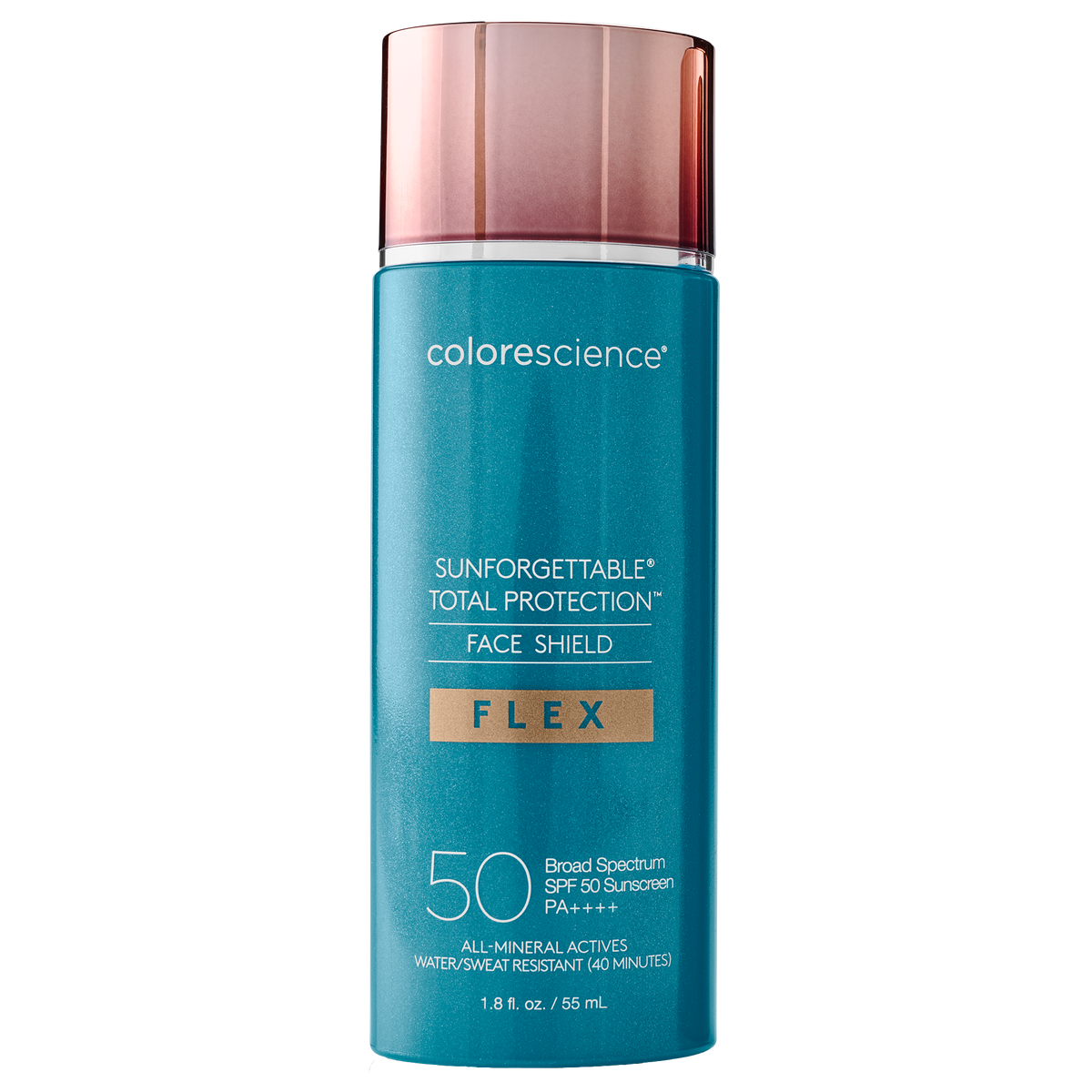 Flacon turquoise à capuchon rosé Colorescience Sunforgettable Total Protection Face Shield Flex FPS 50, 55 mL, sur fond blanc