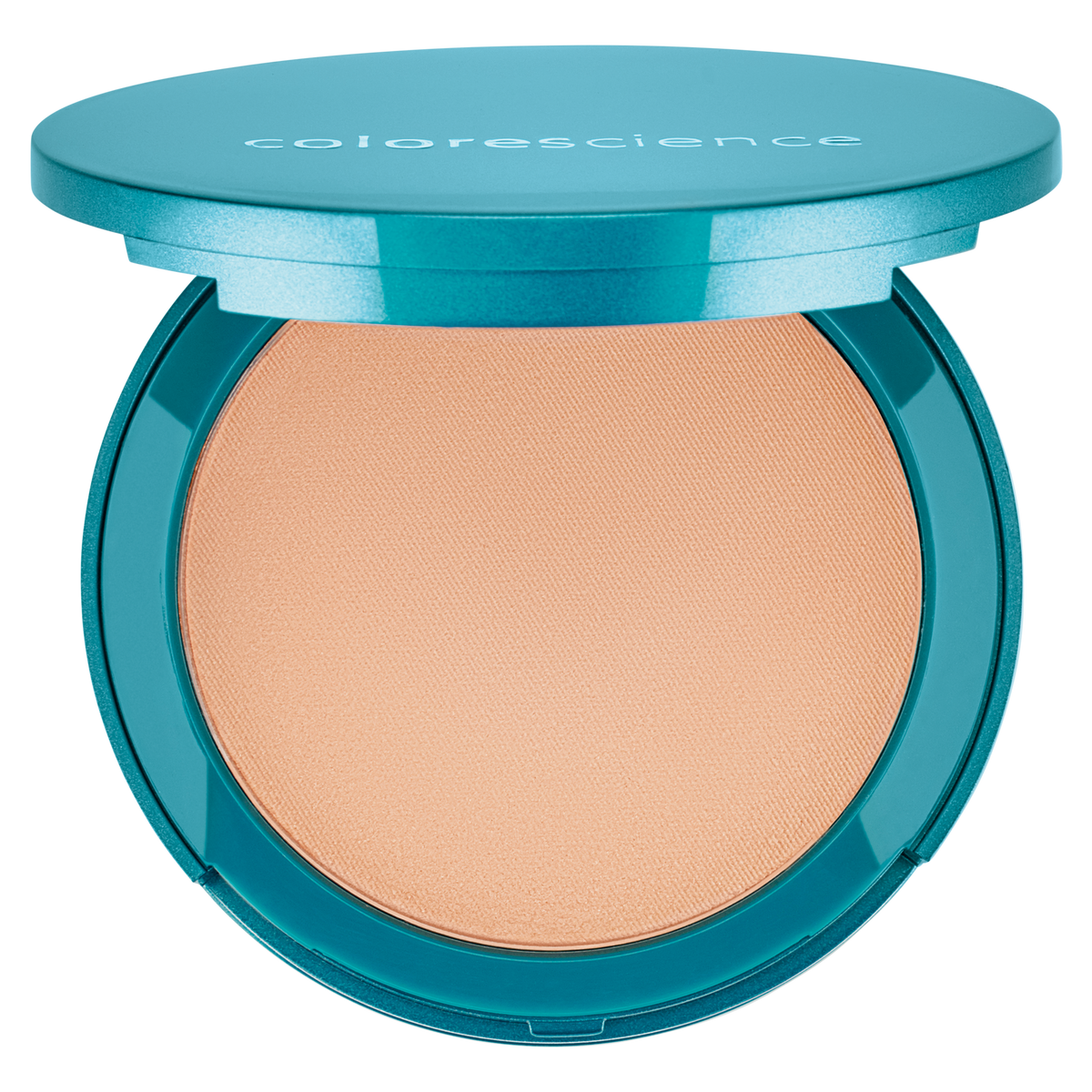 Open round turquoise Colorescience compact, pressed powder foundation SPF 20 in shade Light Beige, on a white background