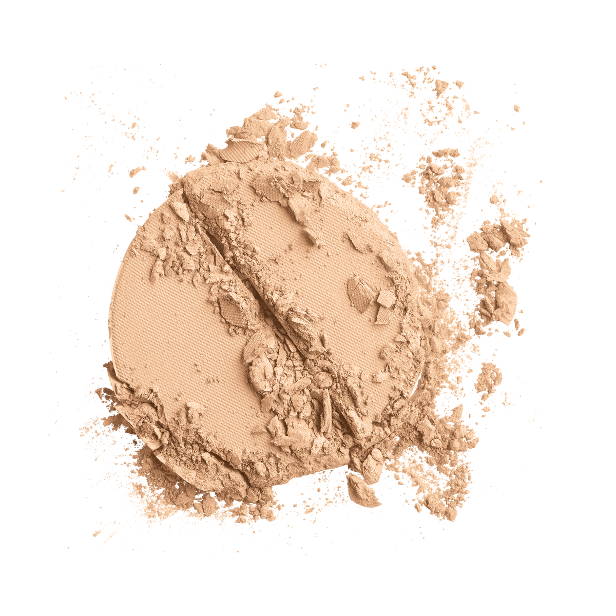 Broken cake of beige Colorescience pressed powder, with crumbs of powder scattered on a white background