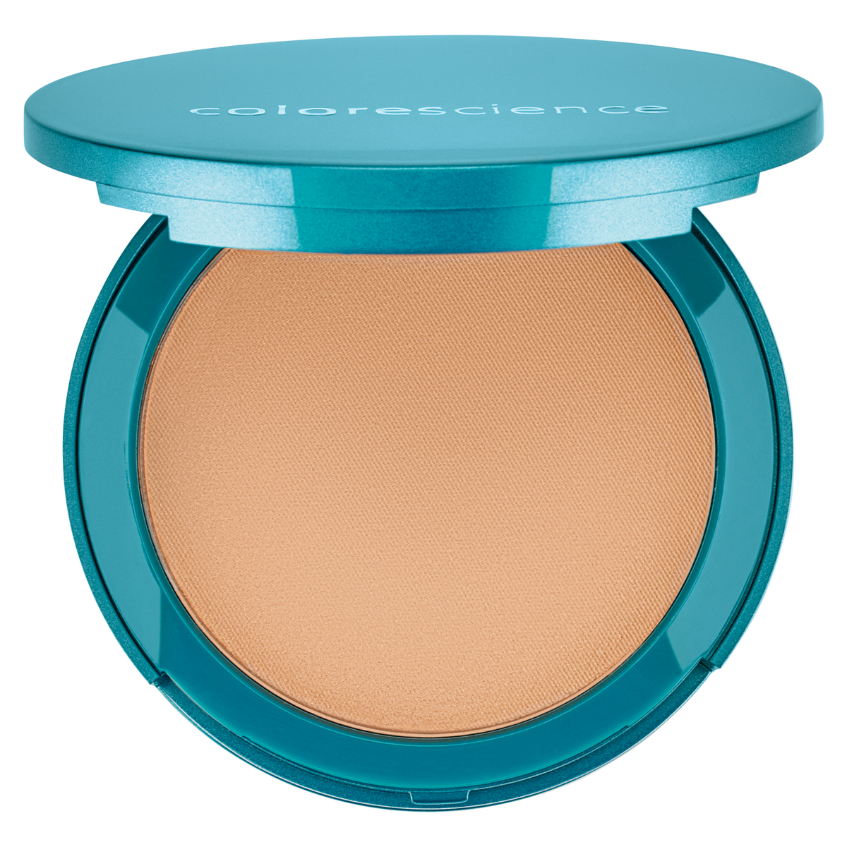 Poudrier rond turquoise Colorescience ouvert, fond de teint poudre pressée FPS 20 teinte Medium Bisque, sur fond blanc