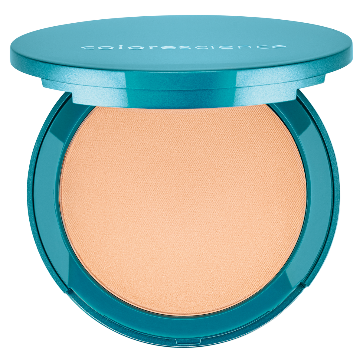 Poudrier rond turquoise Colorescience ouvert, fond de teint poudre pressée FPS 20 teinte Medium Sunlight, sur fond blanc