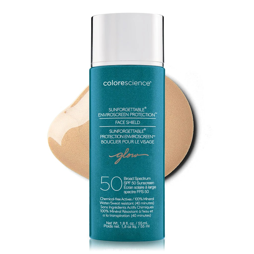 Flacon turquoise Colorescience Protection EnviroScreen Bouclier pour le visage Glow FPS 50, 55 ml, devant une trace beige