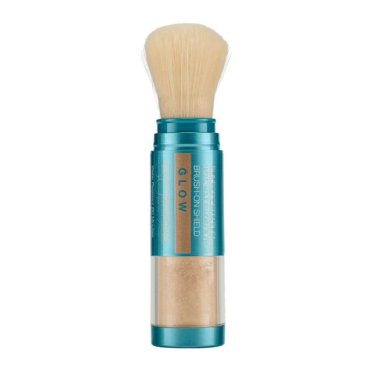 Pinceau poudreur turquoise Colorescience Sunforgettable Total Protection Brush-On Shield Glow FPS 50, poudre visible