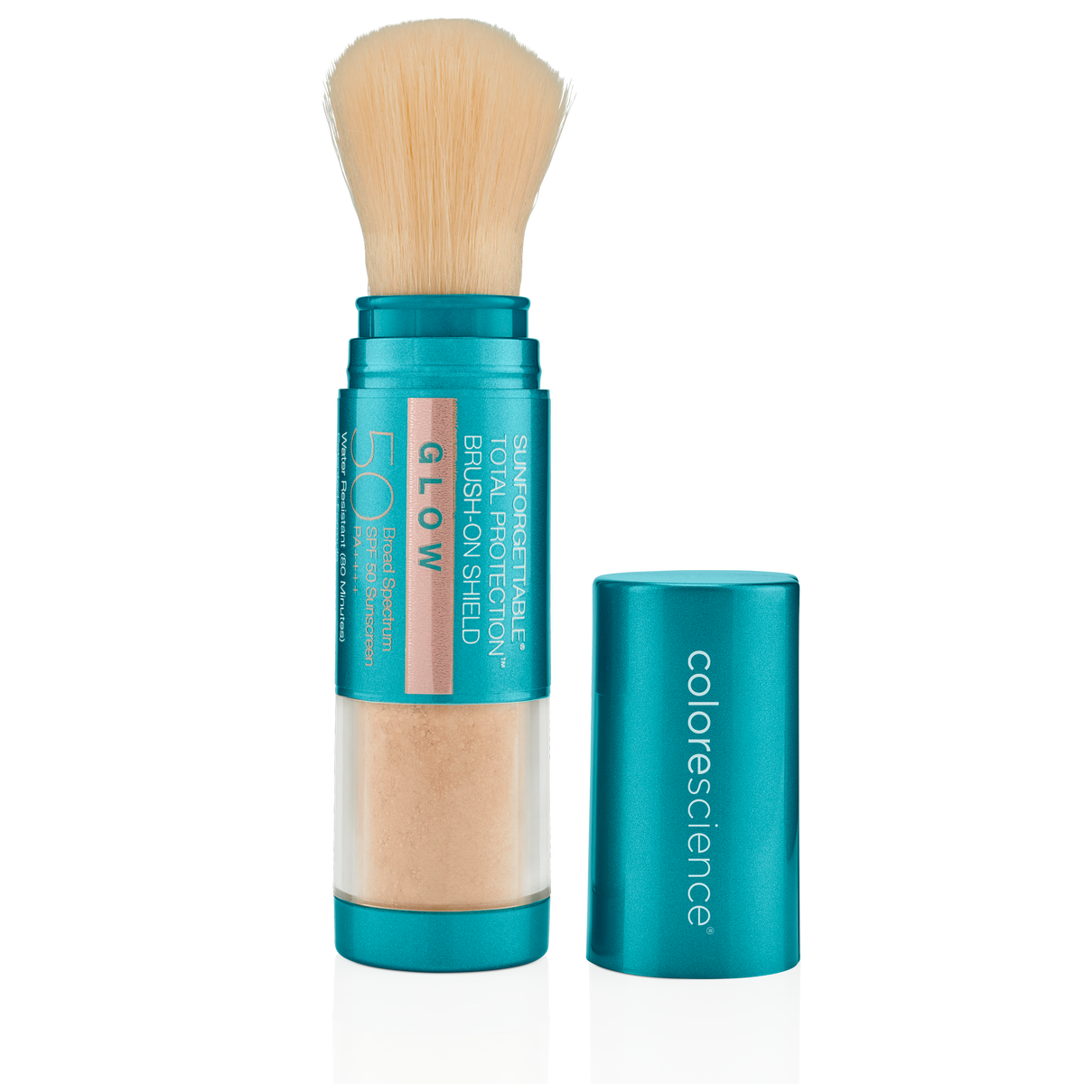 Pinceau Colorescience Brush-On Shield Glow FPS 50 ouvert, poudre pêche dans le réservoir, capuchon turquoise à côté