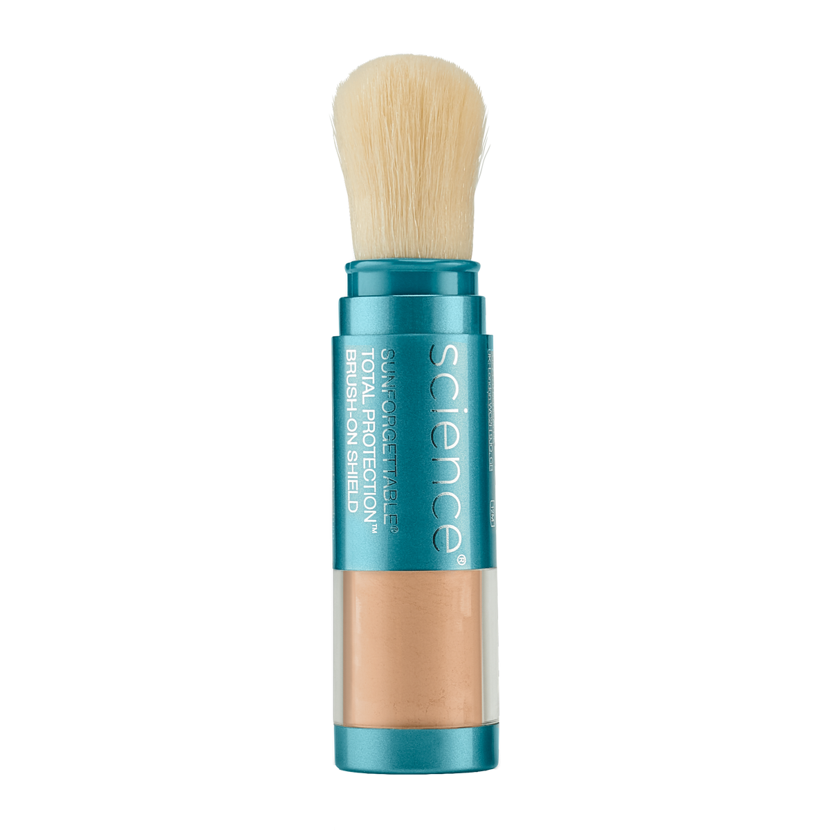 Pinceau poudreur turquoise Colorescience Sunforgettable Total Protection Brush-On Shield FPS 50, poudre beige visible