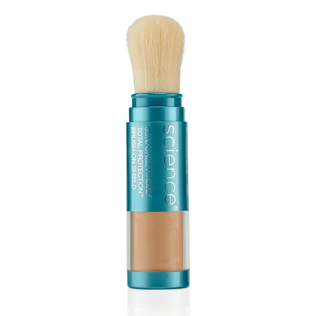 Pinceau Colorescience Brush-On Shield FPS 50, teinte Bronzé, tube turquoise et poudre beige doré