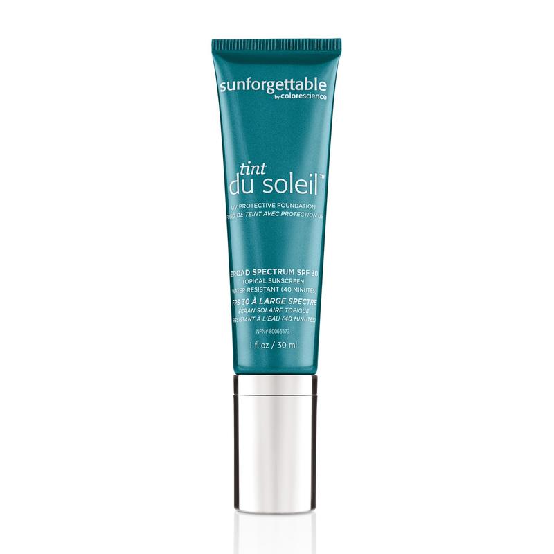 Turquoise tube with silver cap, Colorescience Sunforgettable Tint du Soleil, SPF 30, 30 ml, on a white background