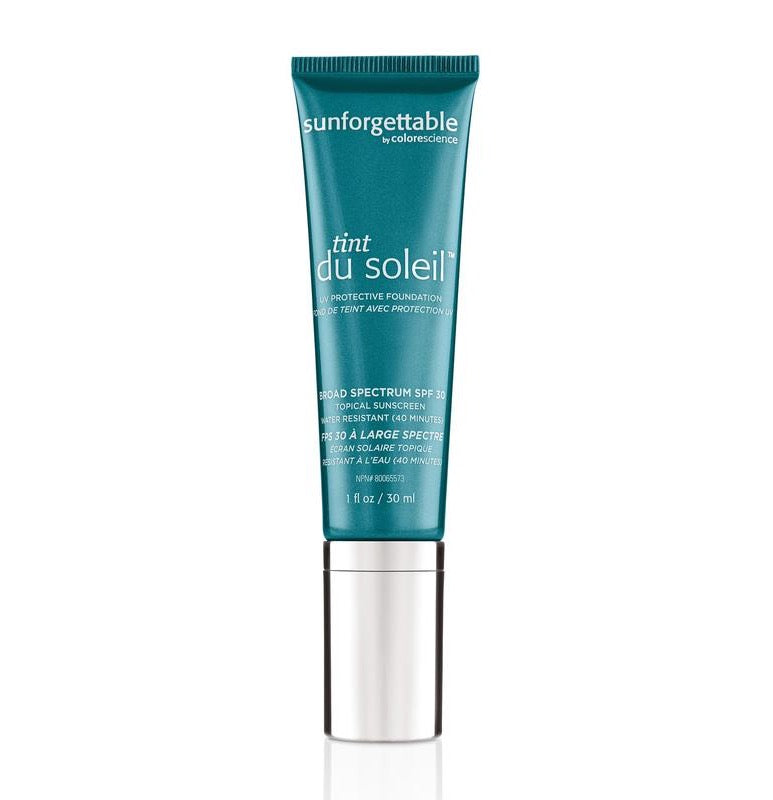 Turquoise tube with silver cap, Colorescience Sunforgettable Tint du Soleil, SPF 30, 30 ml, on a white background