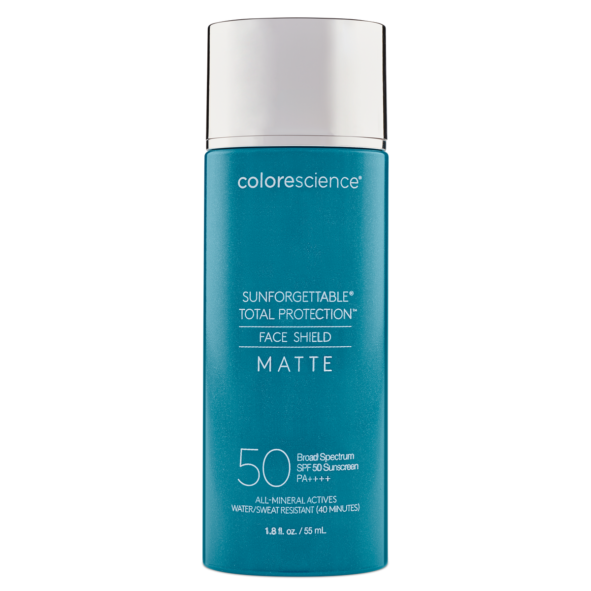 Flacon turquoise à bouchon argenté Colorescience Sunforgettable Total Protection Face Shield Matte FPS 50, 55 mL