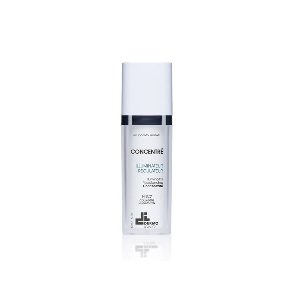 Flacon givré à capuchon blanc et bague marine, Dermo Ioniq Concentré Illuminateur Régulateur, lettrage bleu, 30 mL