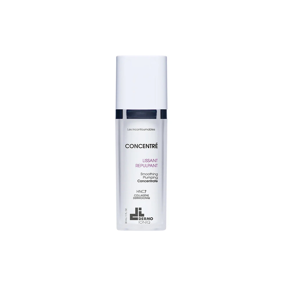 Flacon givré à capuchon blanc et bague marine, Dermo Ioniq Concentré Lissant Repulpant, lettrage prune, 30 mL