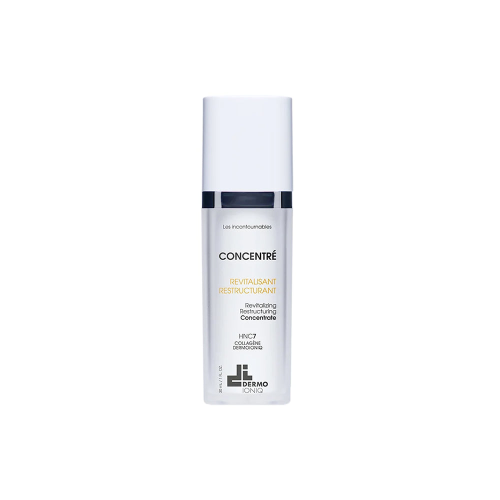 Flacon givré à capuchon blanc et bague marine, Dermo Ioniq Concentré Revitalisant Restructurant, lettrage doré, 30 mL