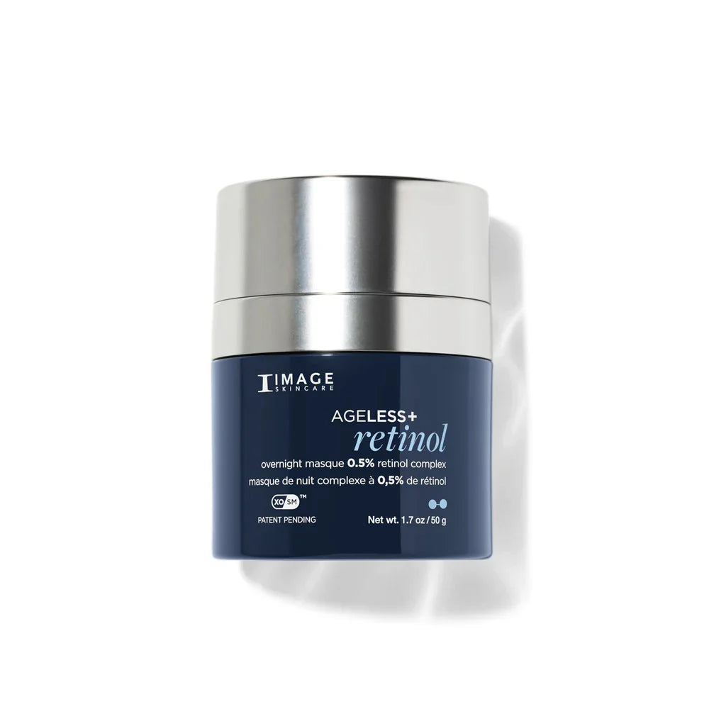 Pot bleu marine à couvercle argenté AGELESS+ masque de nuit complexe à 0,5 % de rétinol d’Image Skincare, 50 g