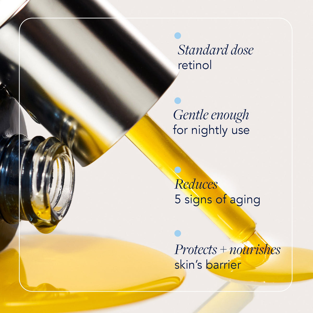 Pipette du rétinol liquide pur 0,3 % AGELESS+ d’Image Skincare qui laisse couler une huile dorée, mentions en anglais