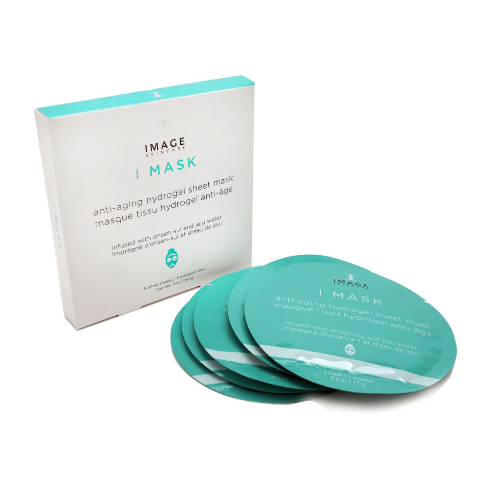Boîte blanche et turquoise I MASK masque tissu hydrogel anti-âge d’Image Skincare, cinq sachets ronds turquoise en éventail