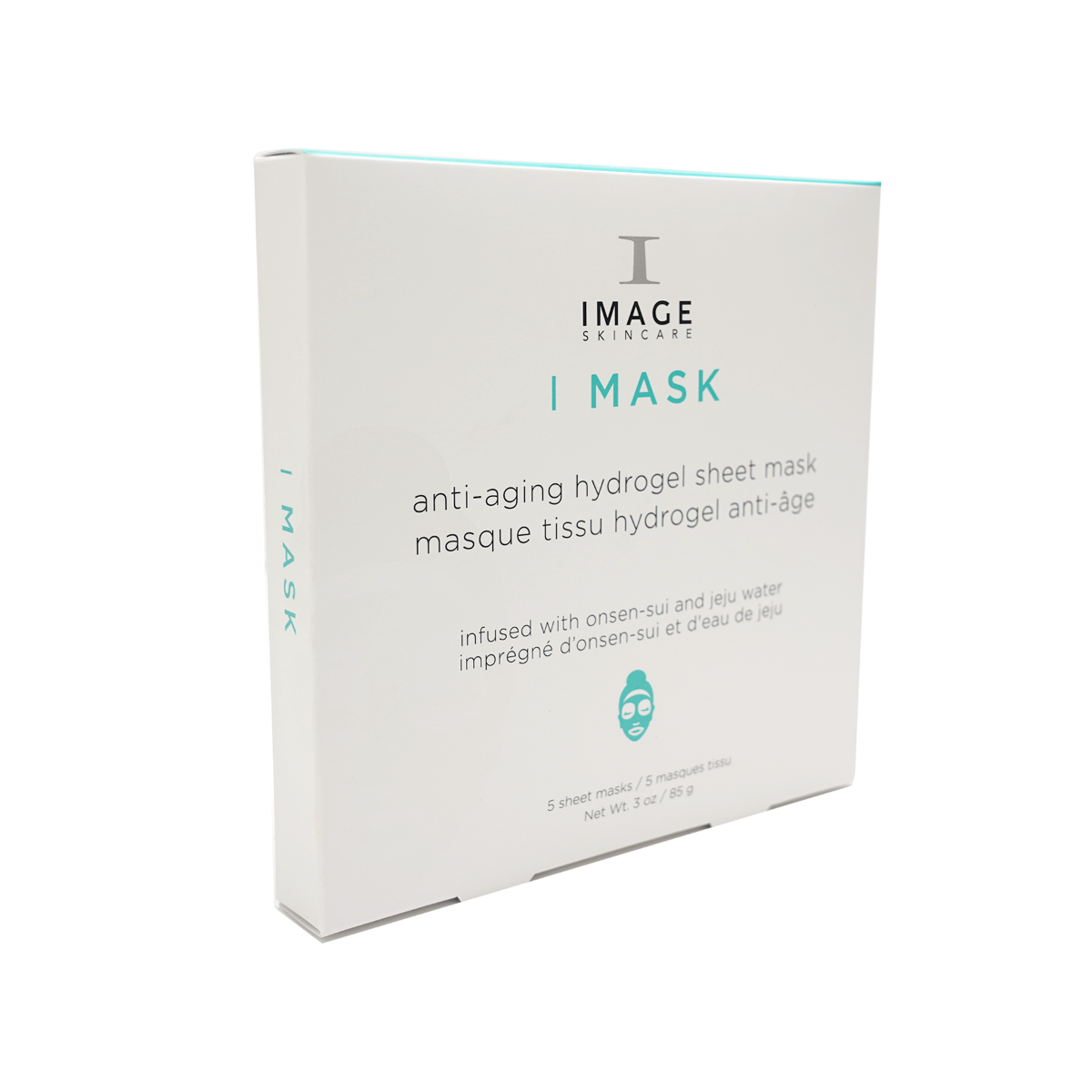 Boîte blanche I MASK masque tissu hydrogel anti-âge d’Image Skincare, 5 masques tissu, sur fond blanc