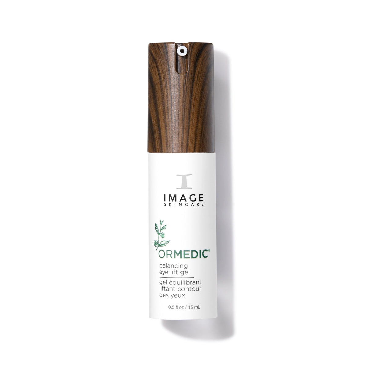 Flacon pompe ORMEDIC gel équilibrant liftant contour des yeux d’Image Skincare, capuchon façon bois, 15 mL, fond blanc