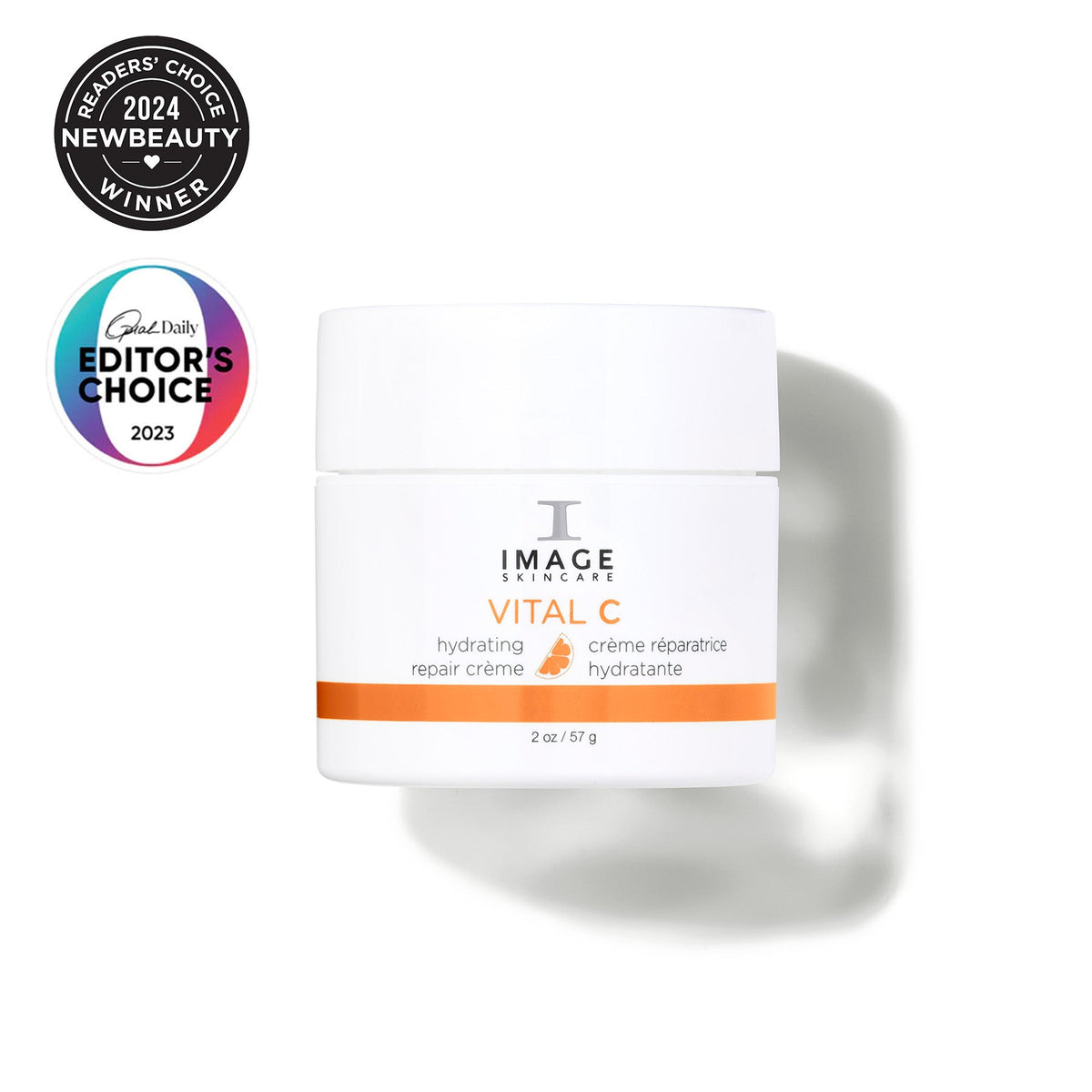 Pot blanc à bande orange, crème réparatrice hydratante VITAL C d’Image Skincare, 57 g, deux pastilles de magazines