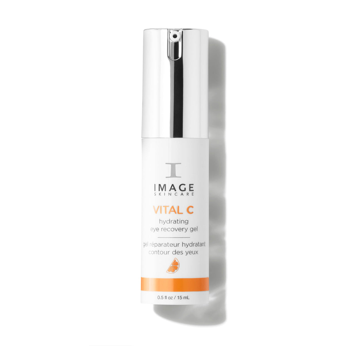 Flacon pompe argenté, blanc et orange, gel réparateur hydratant contour des yeux VITAL C d’Image Skincare, 15 ml