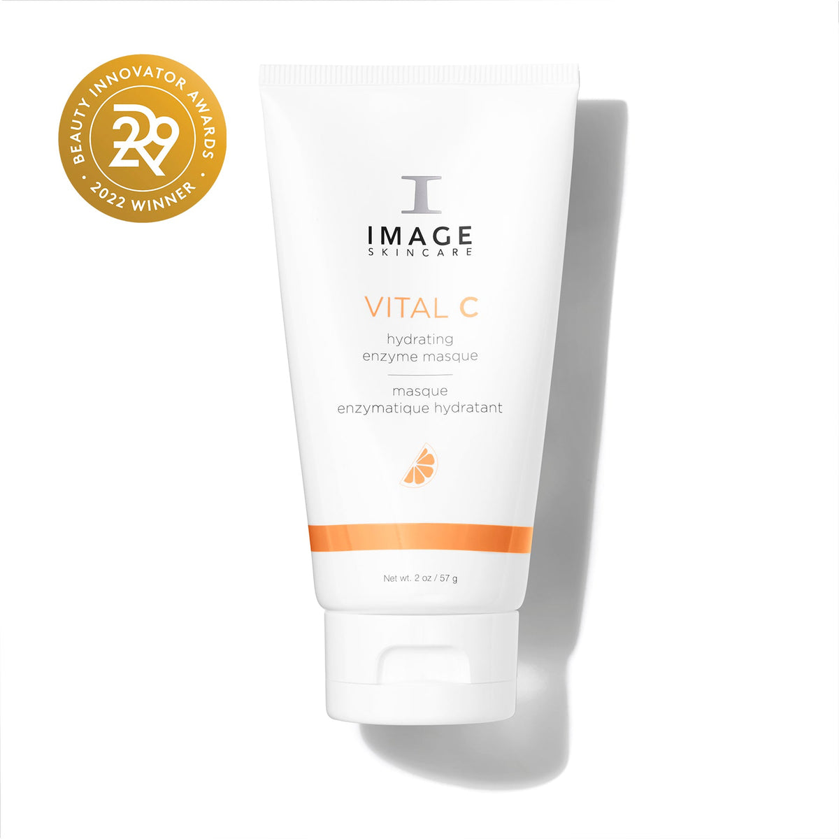 Tube blanc à bande orange, masque enzymatique hydratant VITAL C d’Image Skincare, 57 g, pastille dorée en coin