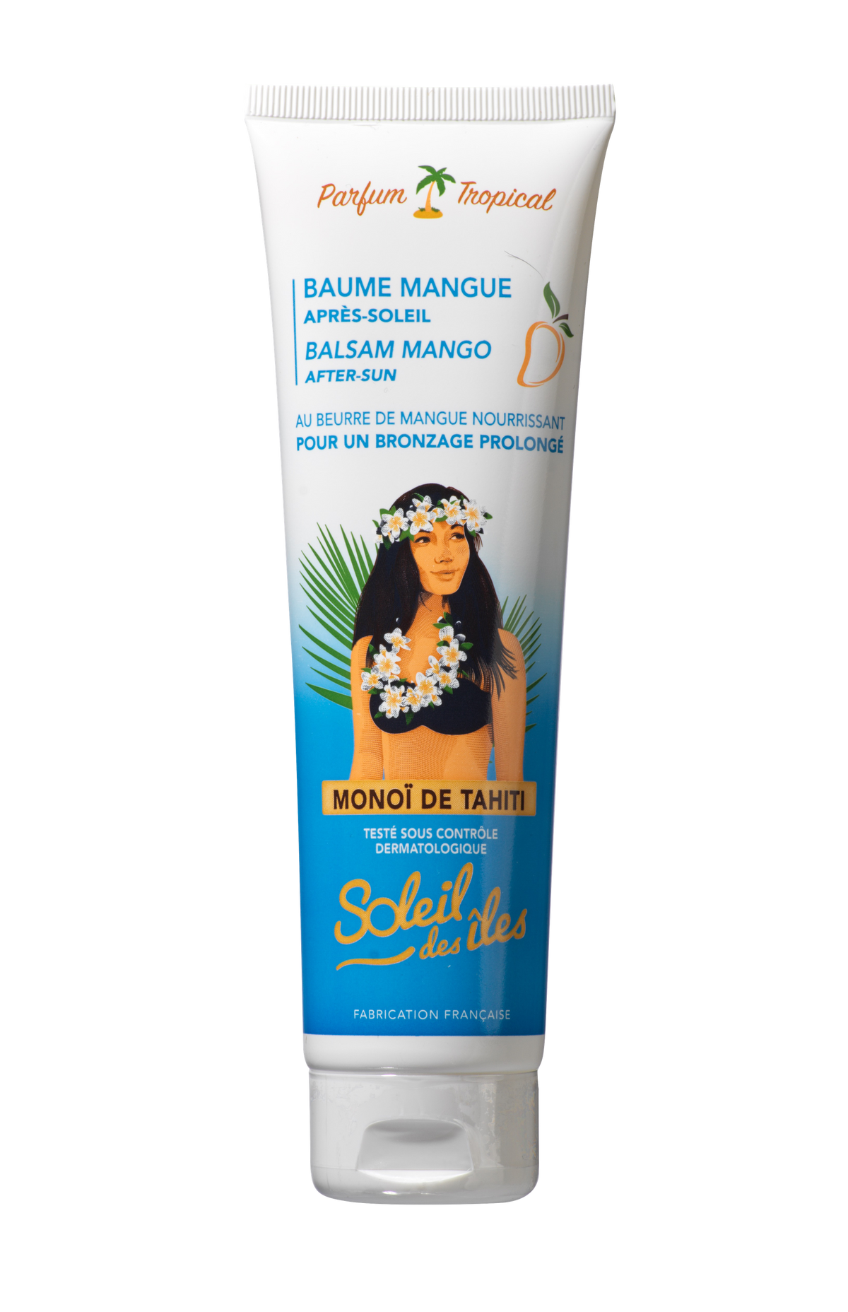 Tube blanc et bleu Soleil des Îles, Baume après-soleil mangue au Monoï de Tahiti, vu de face sur fond blanc