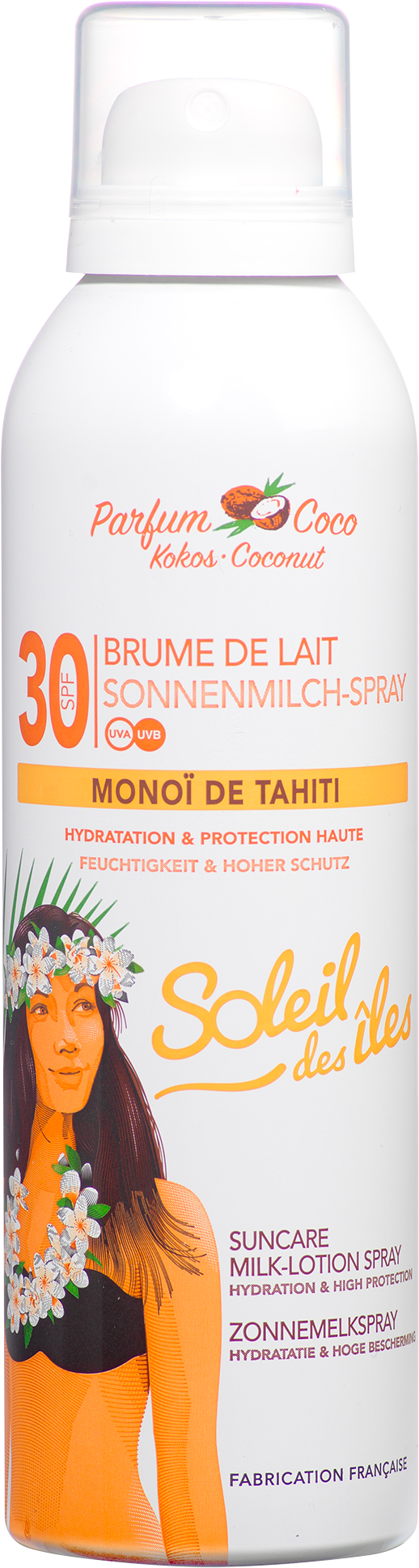 Aérosol blanc à capuchon transparent Soleil des Îles, Brume de lait coco FPS 30 au Monoï de Tahiti, vu de face