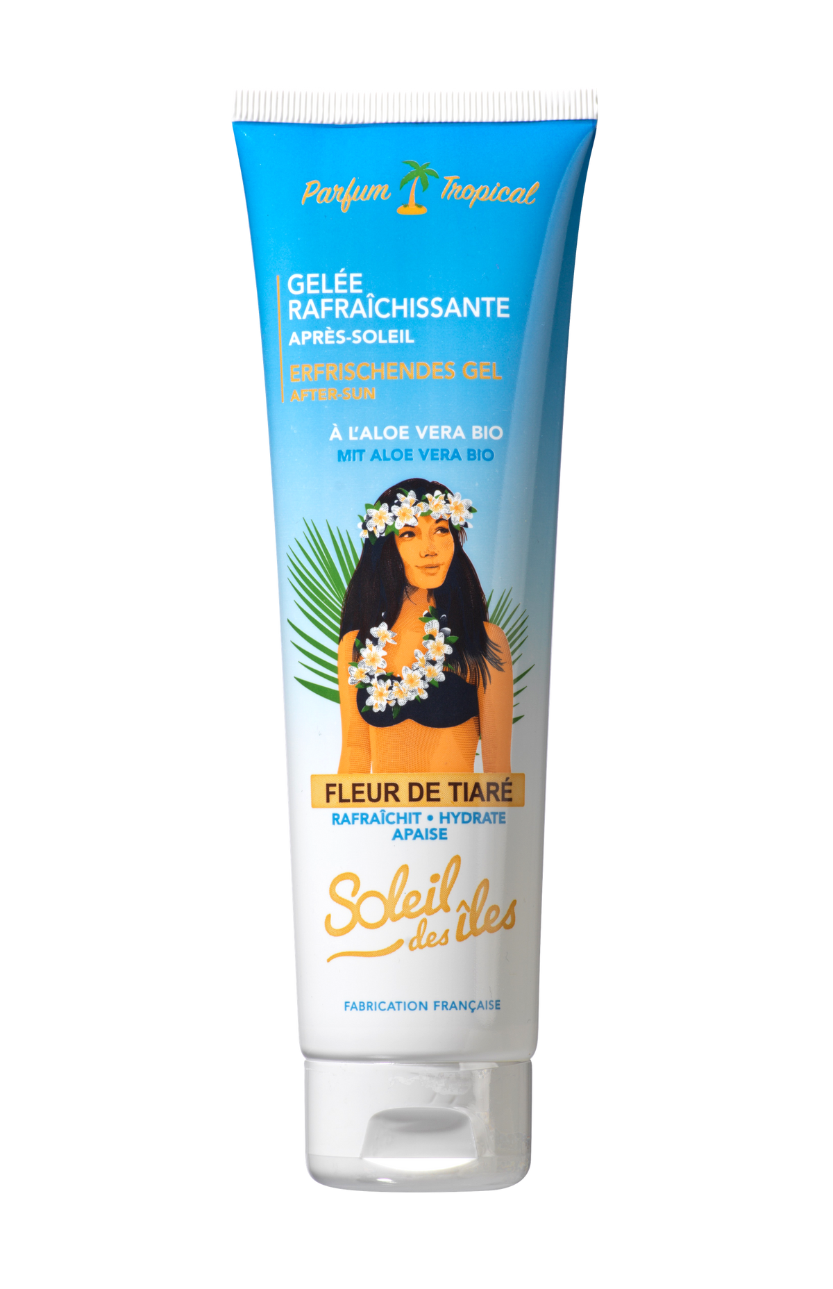 Tube bleu Soleil des Îles, Gelée rafraîchissante après-soleil à l’aloe vera bio, vu de face sur fond blanc