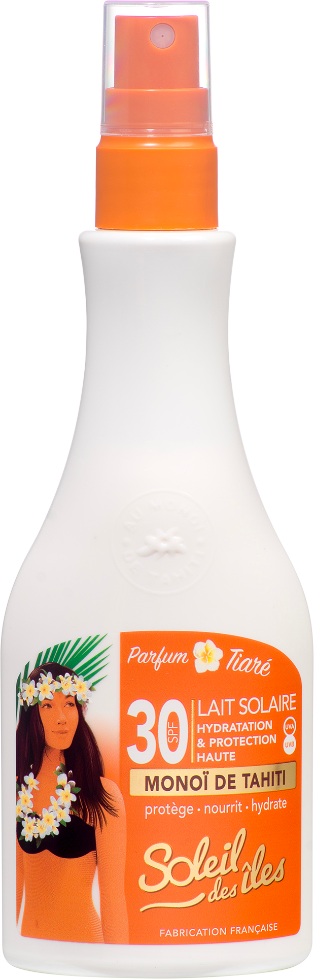 White Soleil des Îles bottle with orange spray pump, SPF 30 sun milk with Monoï de Tahiti, front view