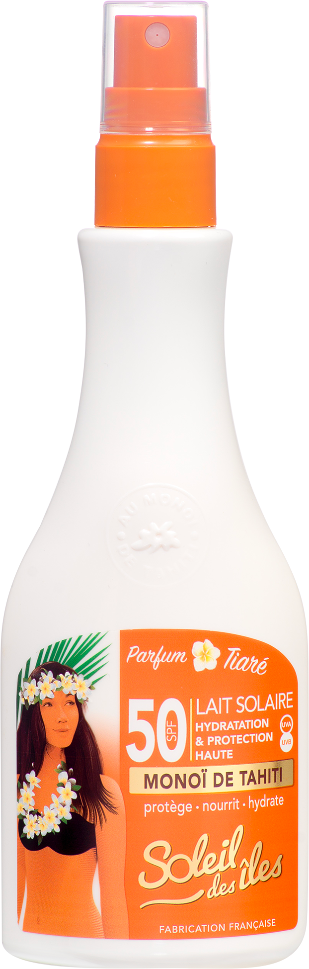 Flacon blanc à pulvérisateur orange Soleil des Îles, Lait solaire FPS 50 au Monoï de Tahiti, vu de face